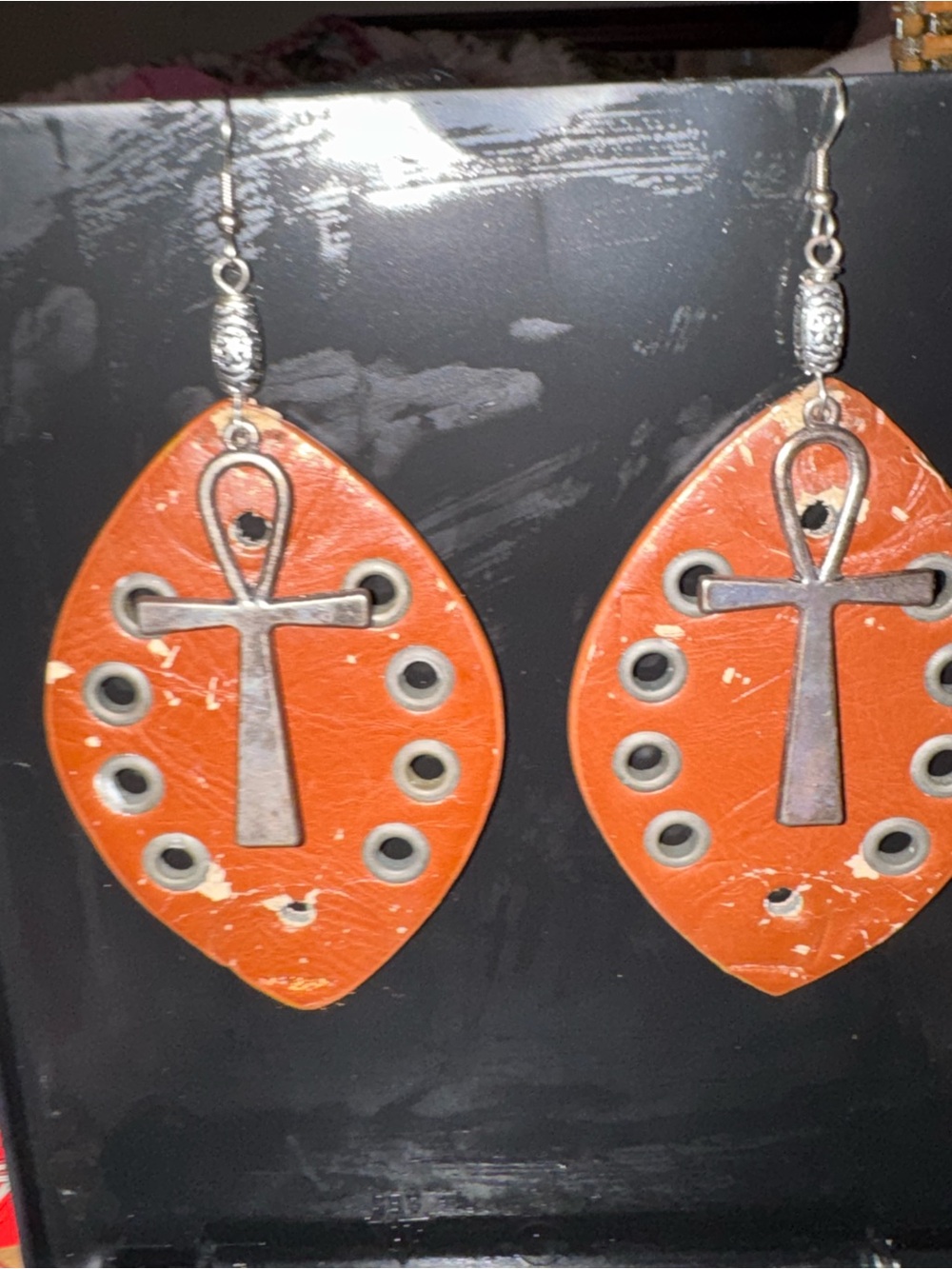 Leather Ankh Drop Earrings